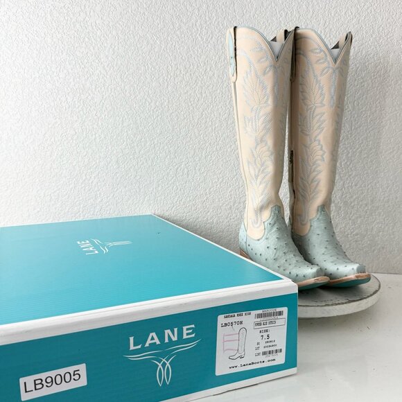 Lane SANDAGA Knee High Womens Cowboy Boots Blue Ostrich Western Tall Size 7.5 - Picture 13 of 14